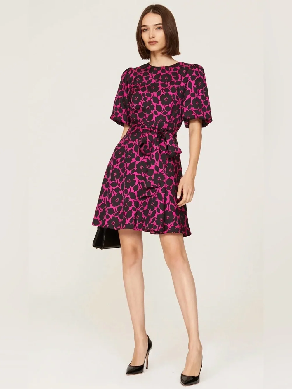 Kate Spade Rosy Garden Floral A-Line Mini Dress in Pink Fuchsia and Black EUC 12